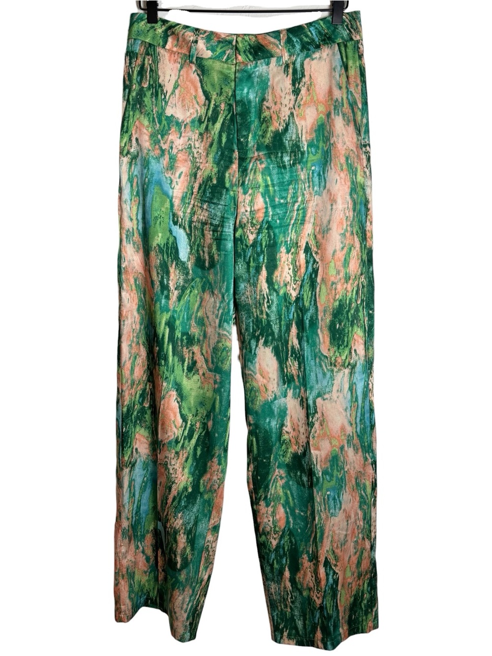 Micas Marble Print High Rise Full Length Straight Leg Pant Green Pink Abstract
